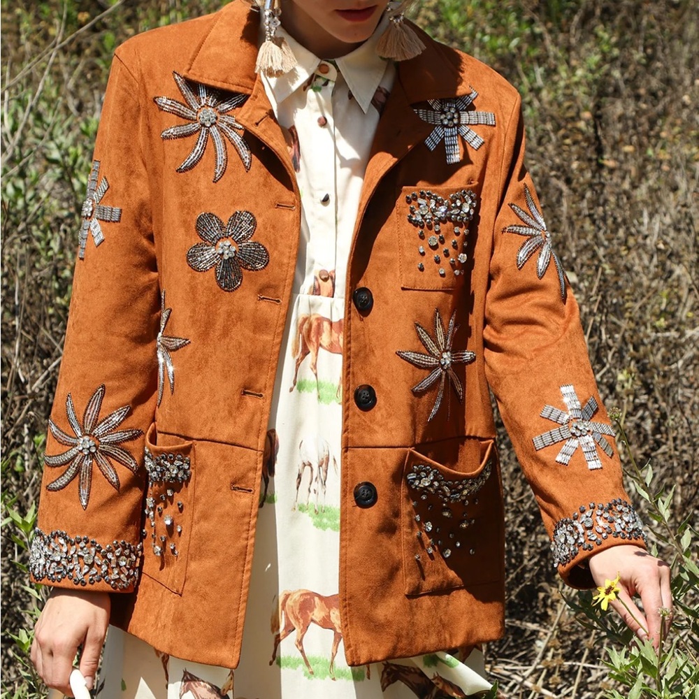 Suede-like Embellished Brown Jacket